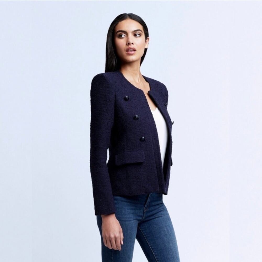 L'agence Effie Jacket Tweed Boucle Blazer in Midnight Navy Blue Size 8 Large - Picture 3 of 10